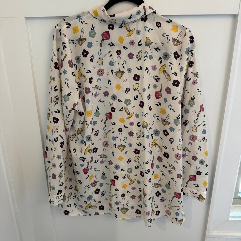 Eloquii Mushroom Floral Print Tie Neck Long Sleeve Button Up Blouse Size 14 - Picture 5 of 8